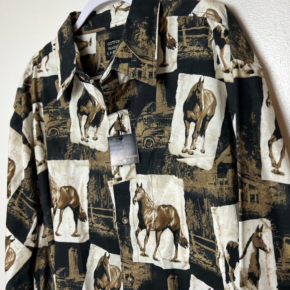 Vintage Cotton Traders Sport Horse Print Button Up Long Sleeve Shirt AOP‎ NOS - Picture 3 of 4